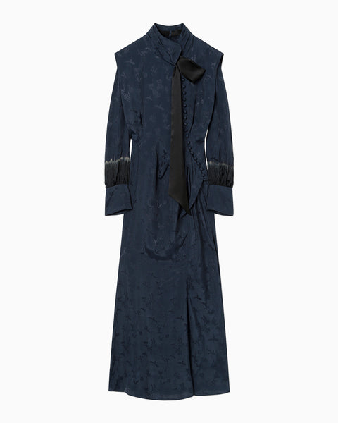 Crane Pattern Jacquard Hand-Dyed Dress - navy