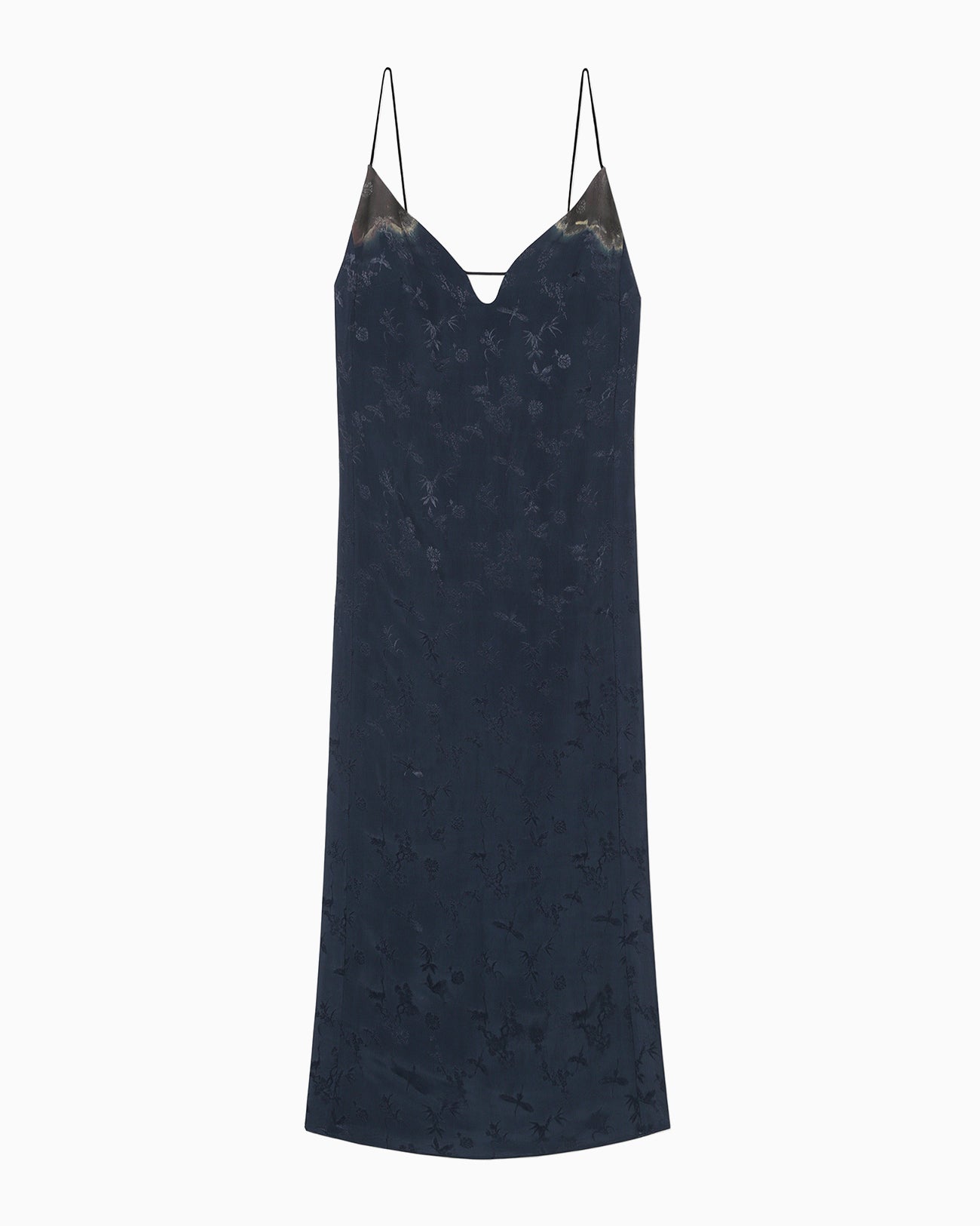 Crane Pattern Jacquard Hand-Dyed Slip Dress - navy