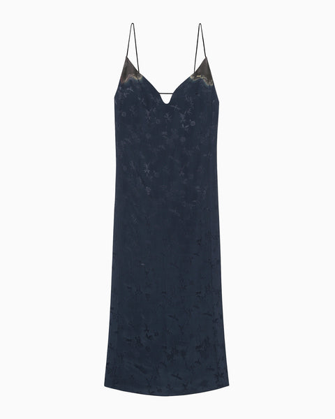 Crane Pattern Jacquard Hand-Dyed Slip Dress - navy