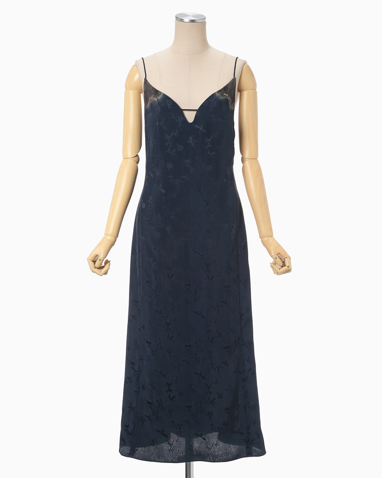 Crane Pattern Jacquard Hand-Dyed Slip Dress - navy