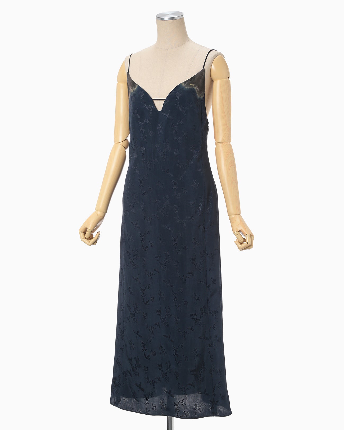 Crane Pattern Jacquard Hand-Dyed Slip Dress - navy