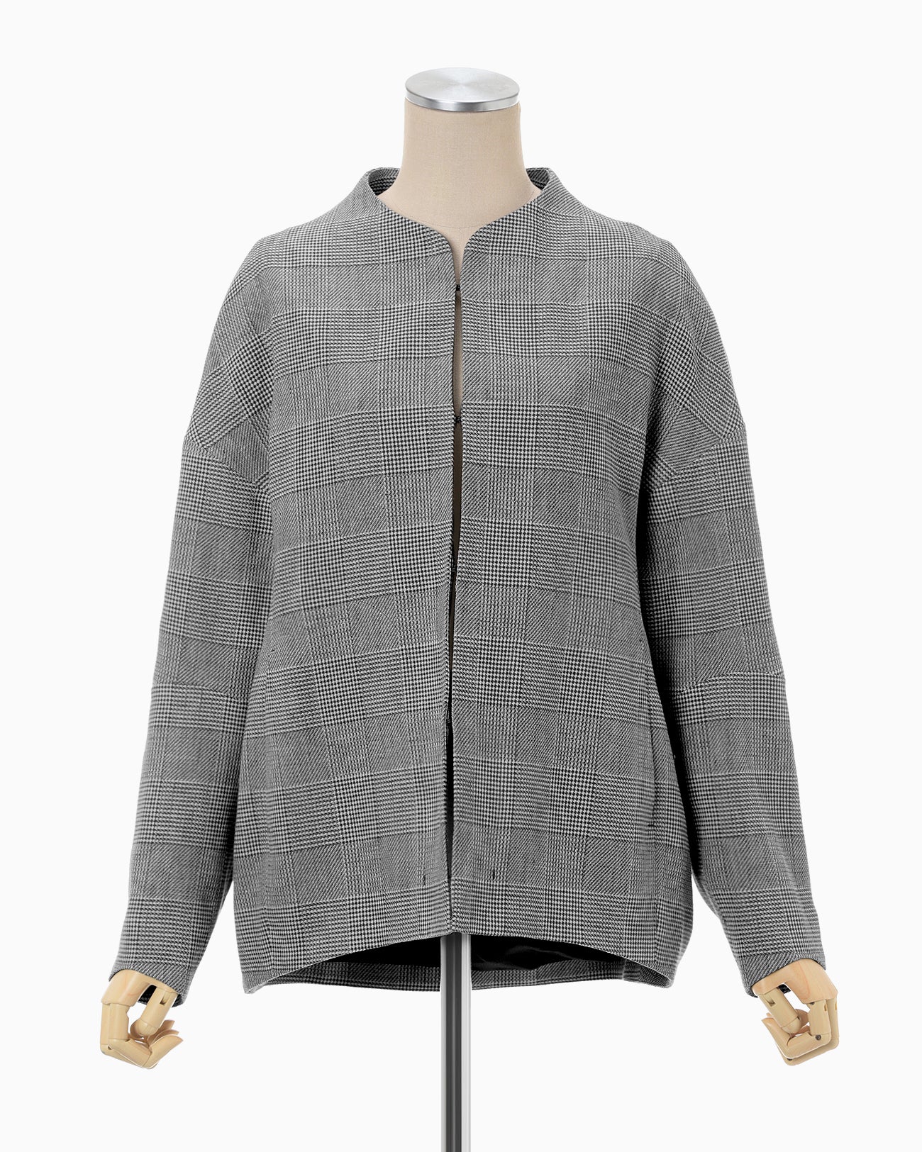 Houndstooth Geometric Plaid Collarless Jacket - black