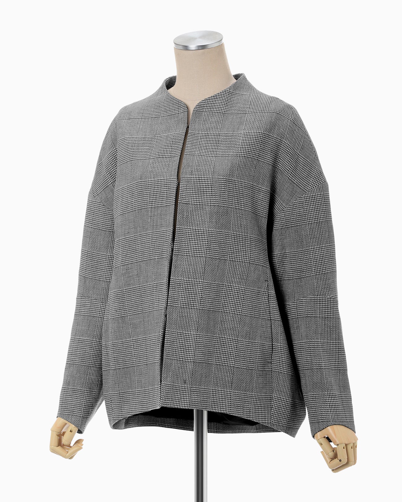 Houndstooth Geometric Plaid Collarless Jacket - black