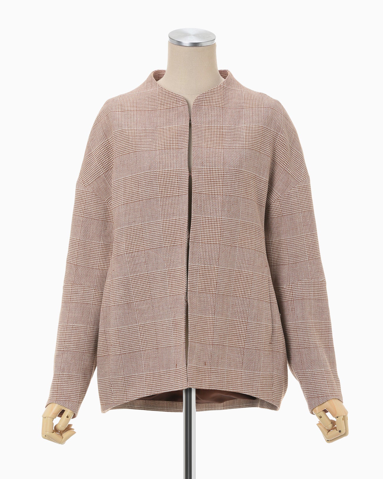 Houndstooth Geometric Plaid Collarless Jacket - brown