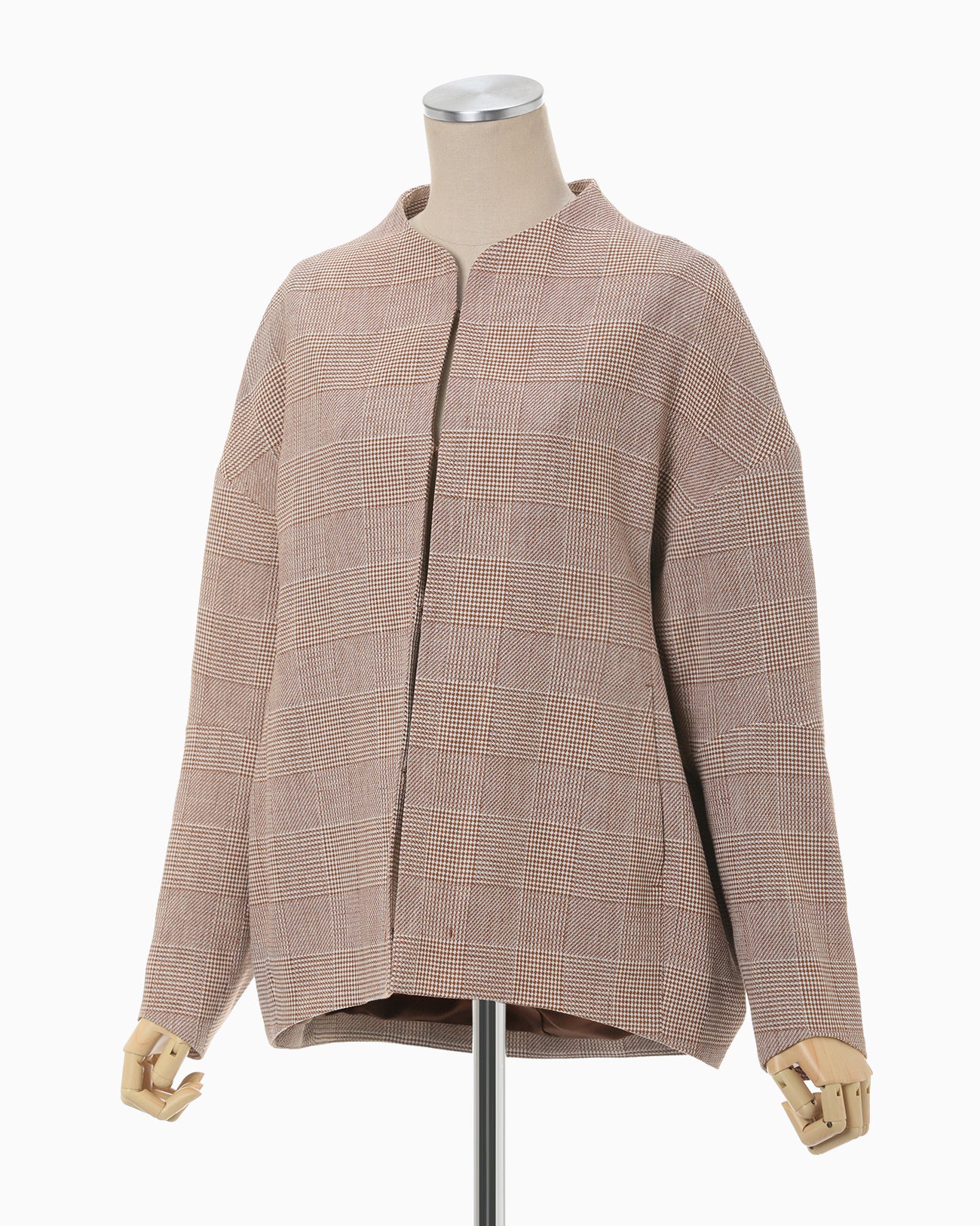 Houndstooth Geometric Plaid Collarless Jacket - brown