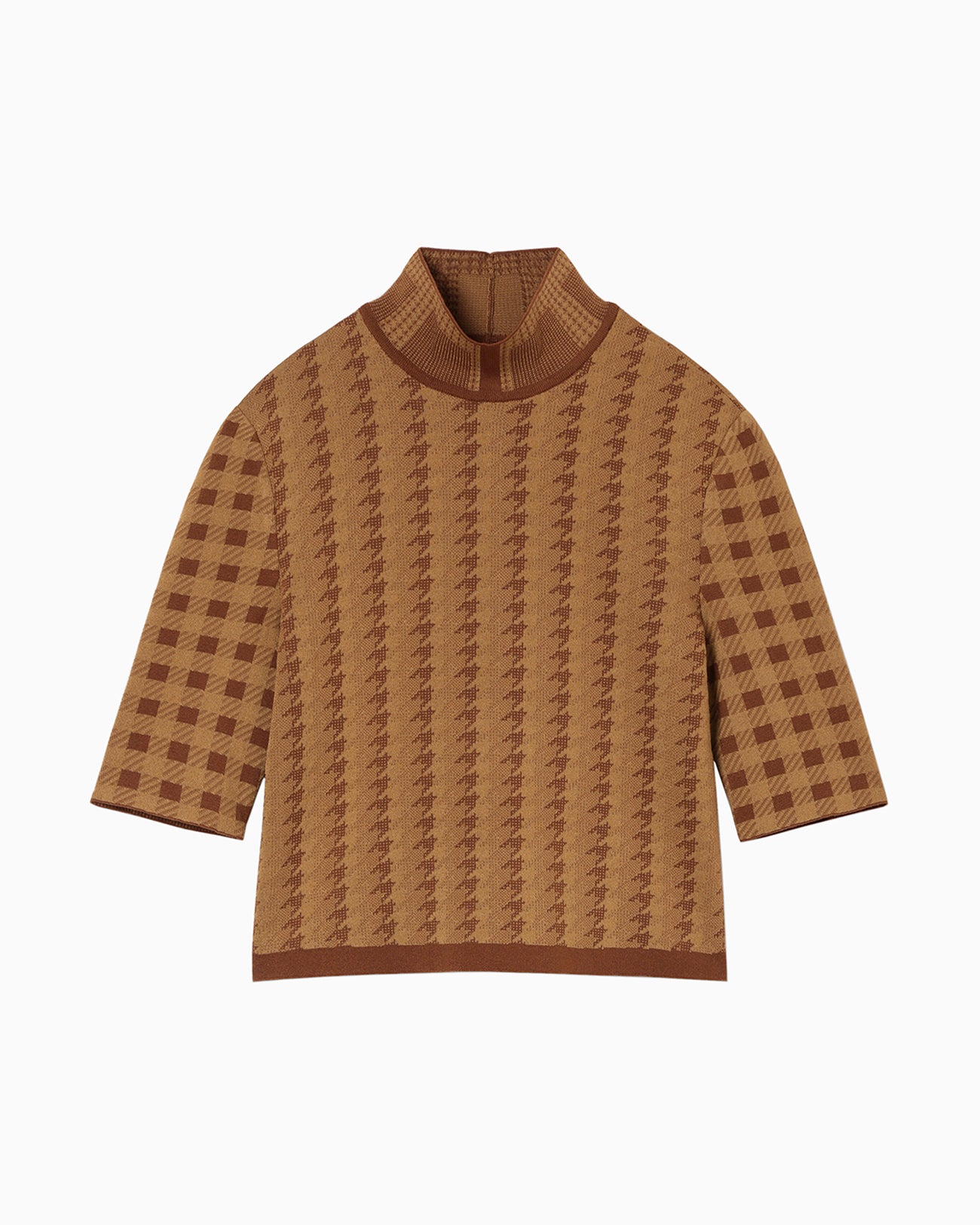 Multi Plaid Geometric Cropped Knit Top - brown