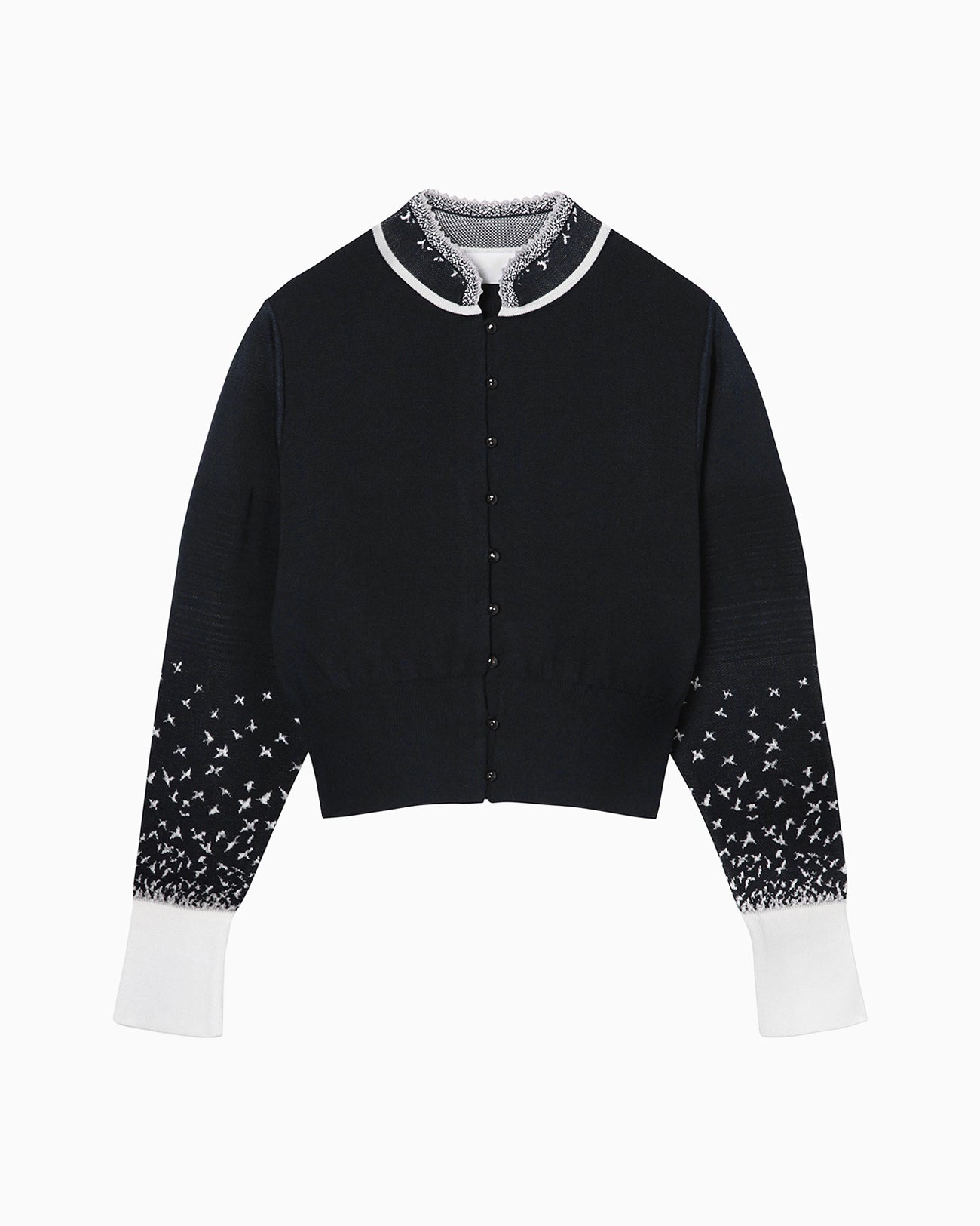 Crane Pattern Jacquard Knitted Cardigan - navy