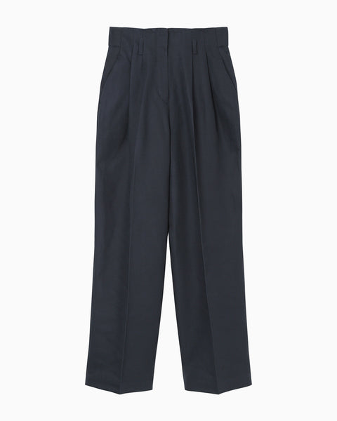 Cotton Linen Twill Wide Trousers - navy