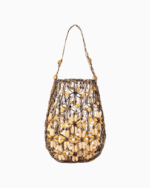 Bamboo Beaded Macrame Hand Bag - brown