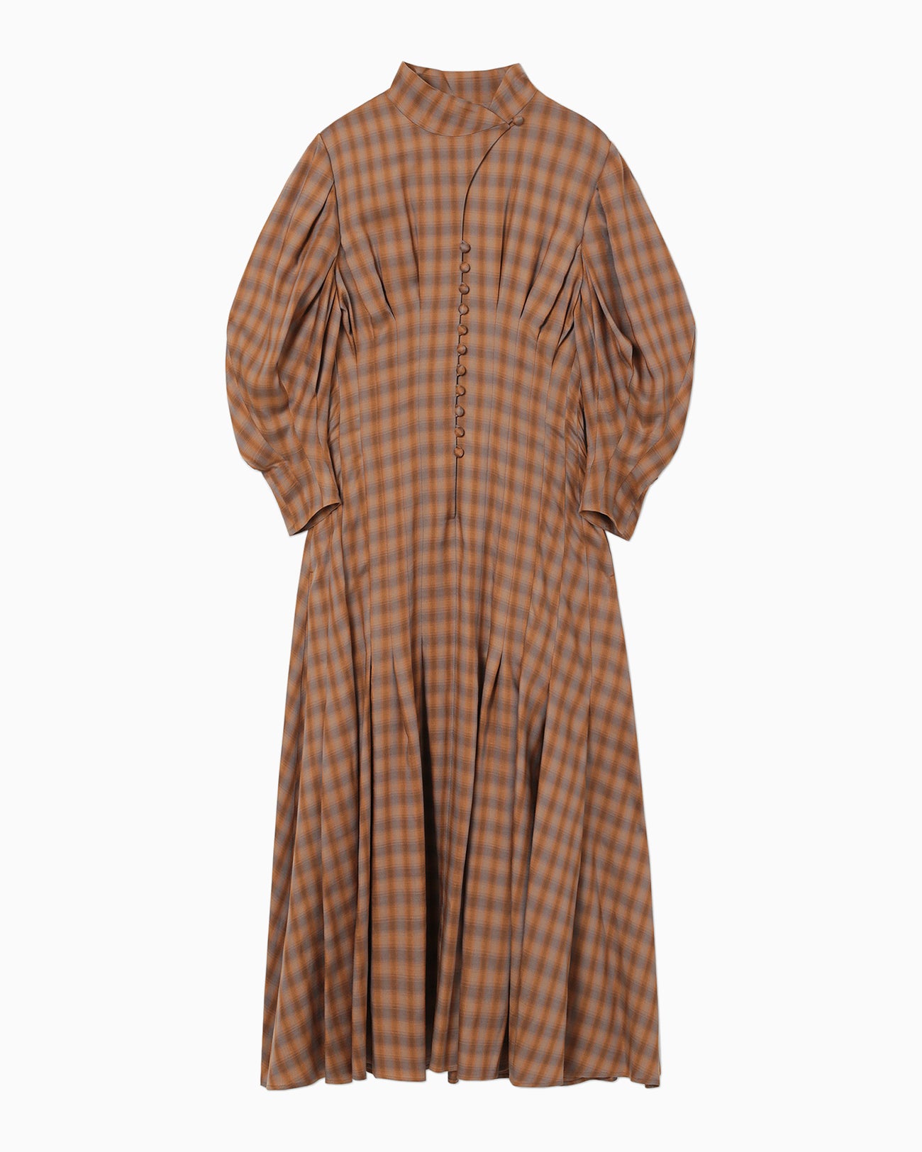 Linen Mix Ombre Check Flared Dress - brown