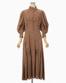 Linen Mix Ombre Check Flared Dress - brown