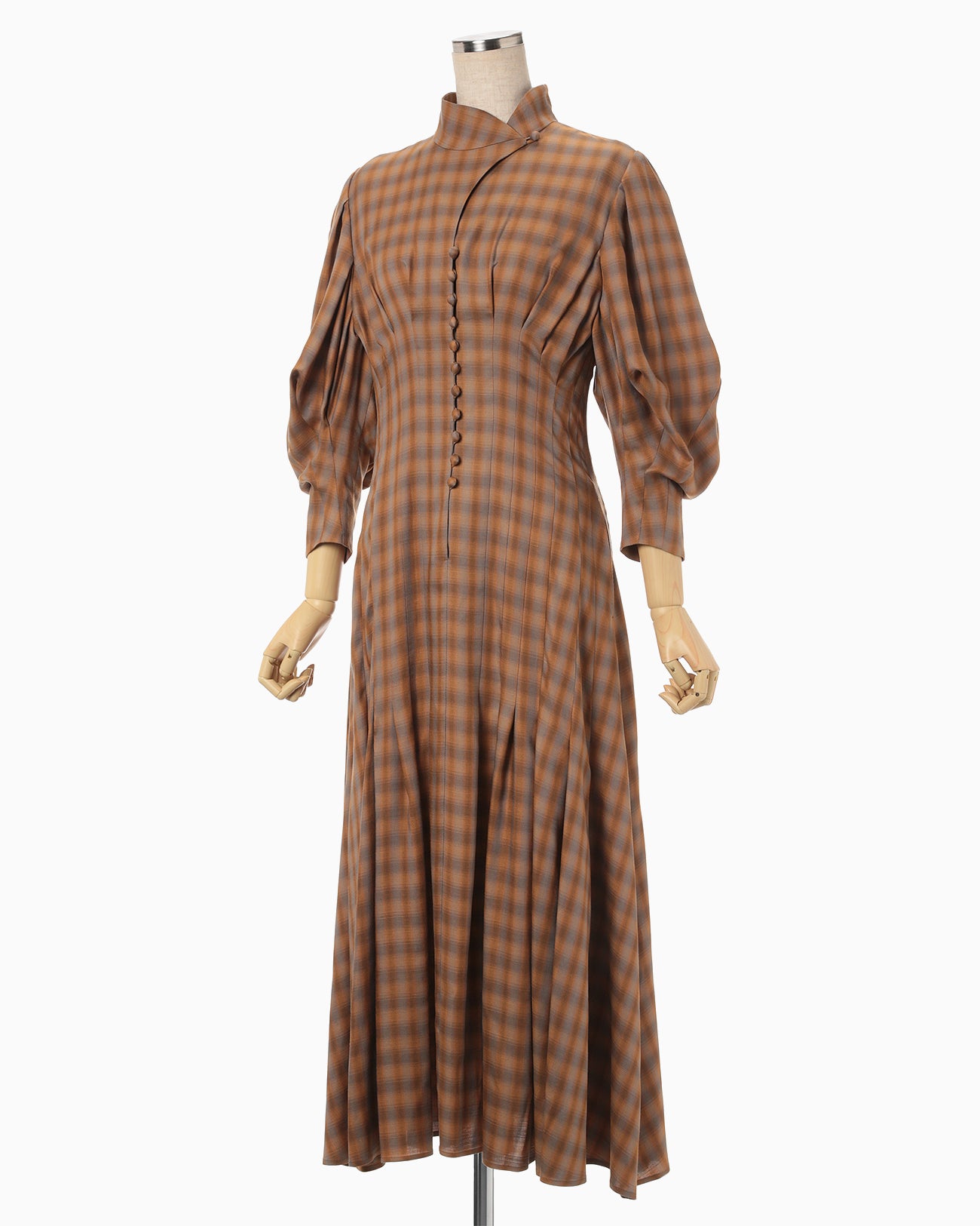Linen Mix Ombre Check Flared Dress - brown