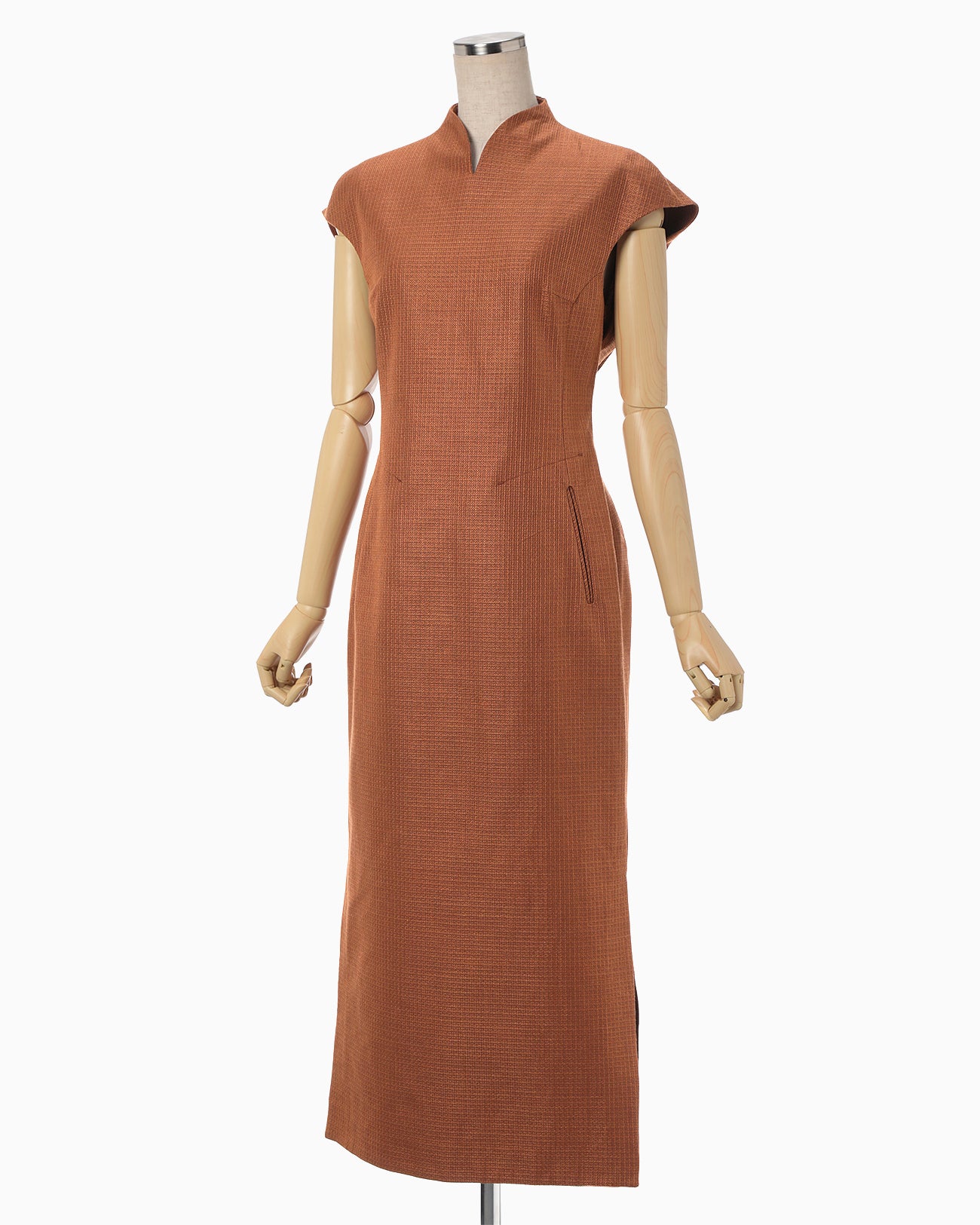 Geometric Silk Cotton Jacquard Slit Dress - brown