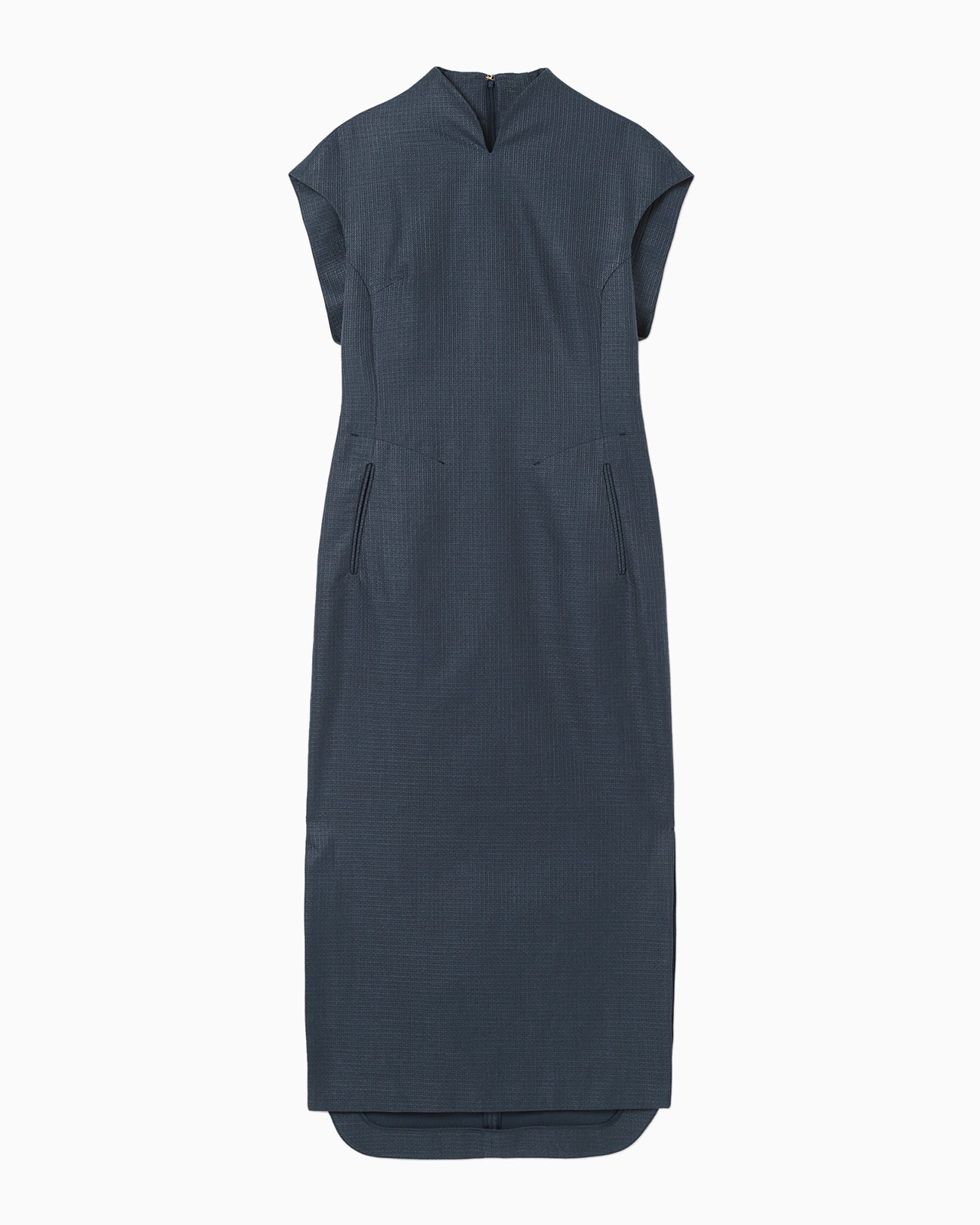 Geometric Silk Cotton Jacquard Slit Dress - navy