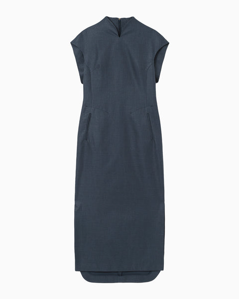 Geometric Silk Cotton Jacquard Slit Dress - navy