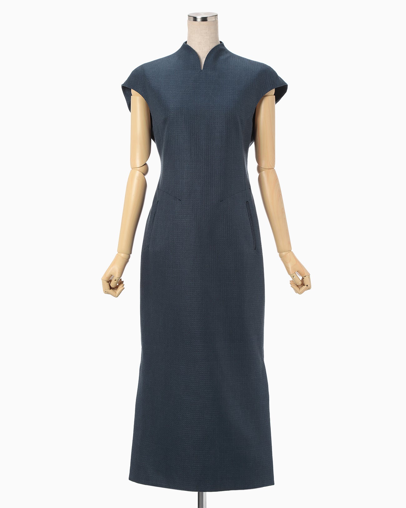 Geometric Silk Cotton Jacquard Slit Dress - navy