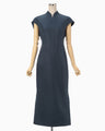 Geometric Silk Cotton Jacquard Slit Dress - navy