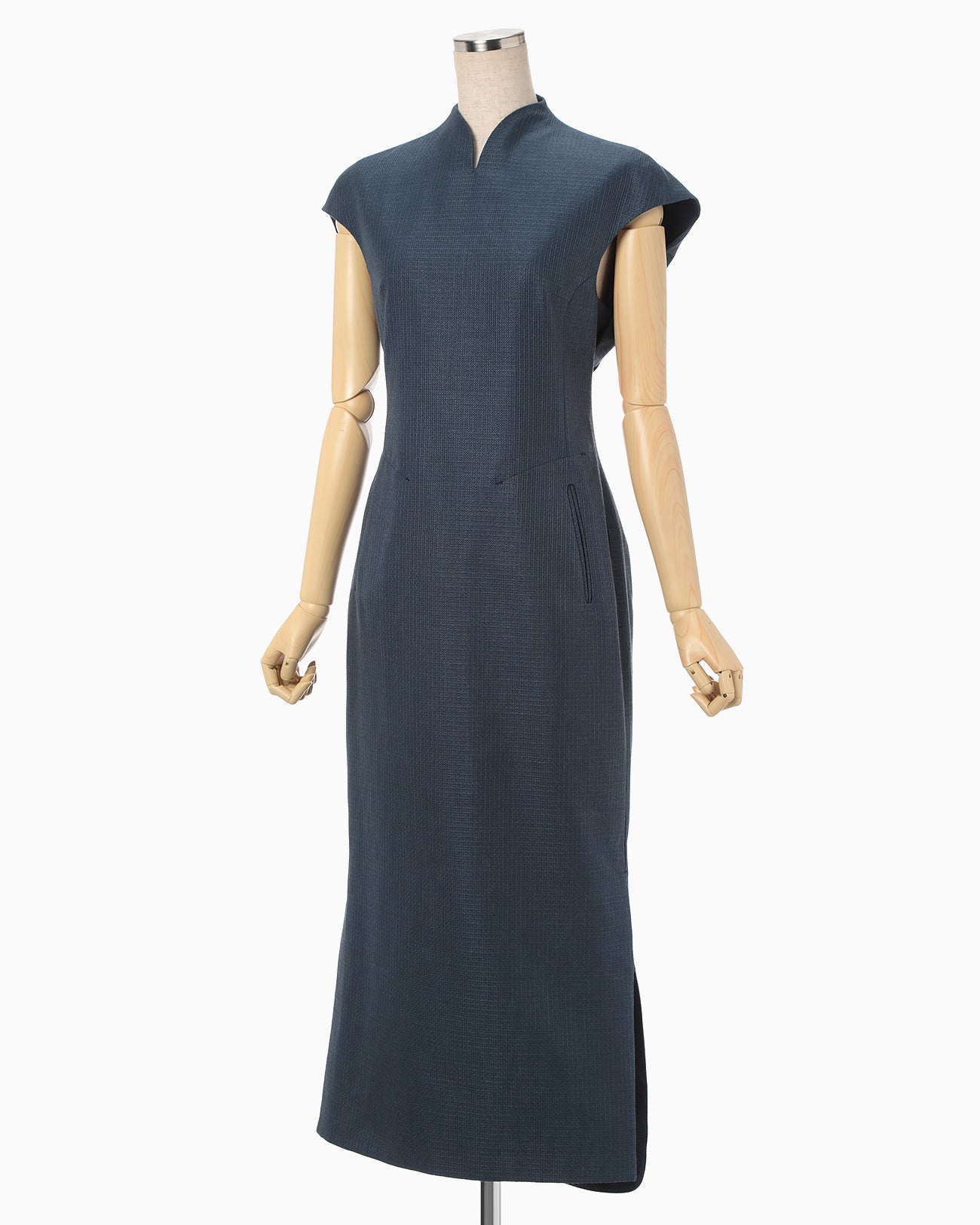 Geometric Silk Cotton Jacquard Slit Dress - navy