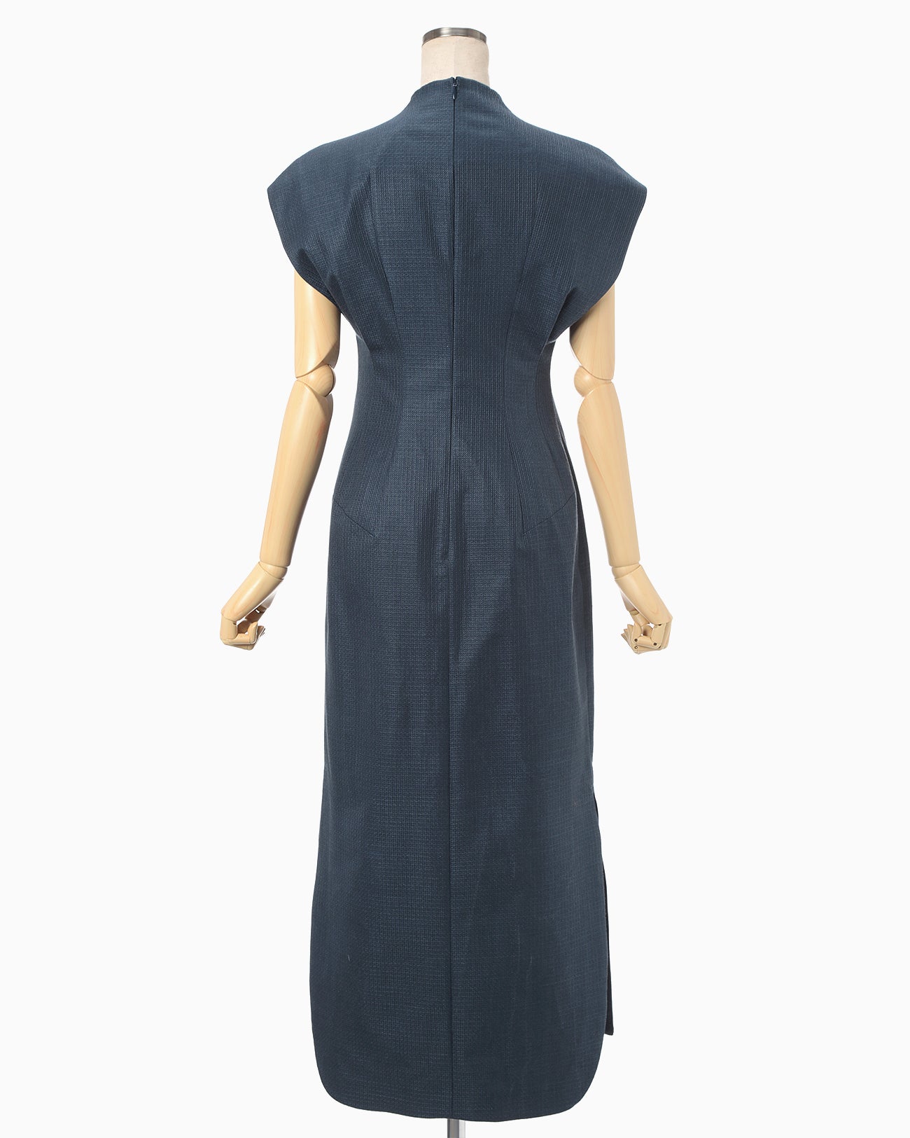 Geometric Silk Cotton Jacquard Slit Dress - navy