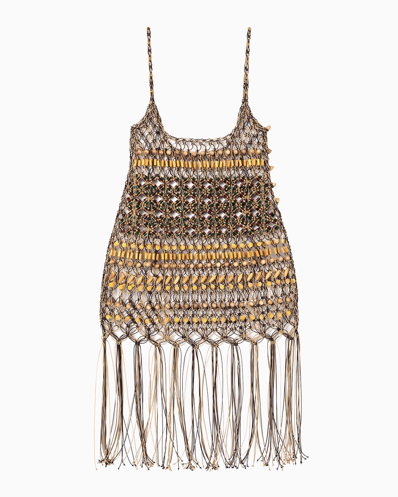 Bamboo Beaded Macrame Camisole Fringe Dress - brown
