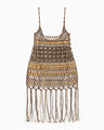 Bamboo Beaded Macrame Camisole Fringe Dress - brown