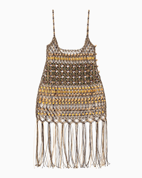 Bamboo Beaded Macrame Camisole Fringe Dress - brown