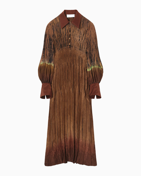 "Arimatsu Shibori" Ombre Dyed Silk Shirt Dress - brown