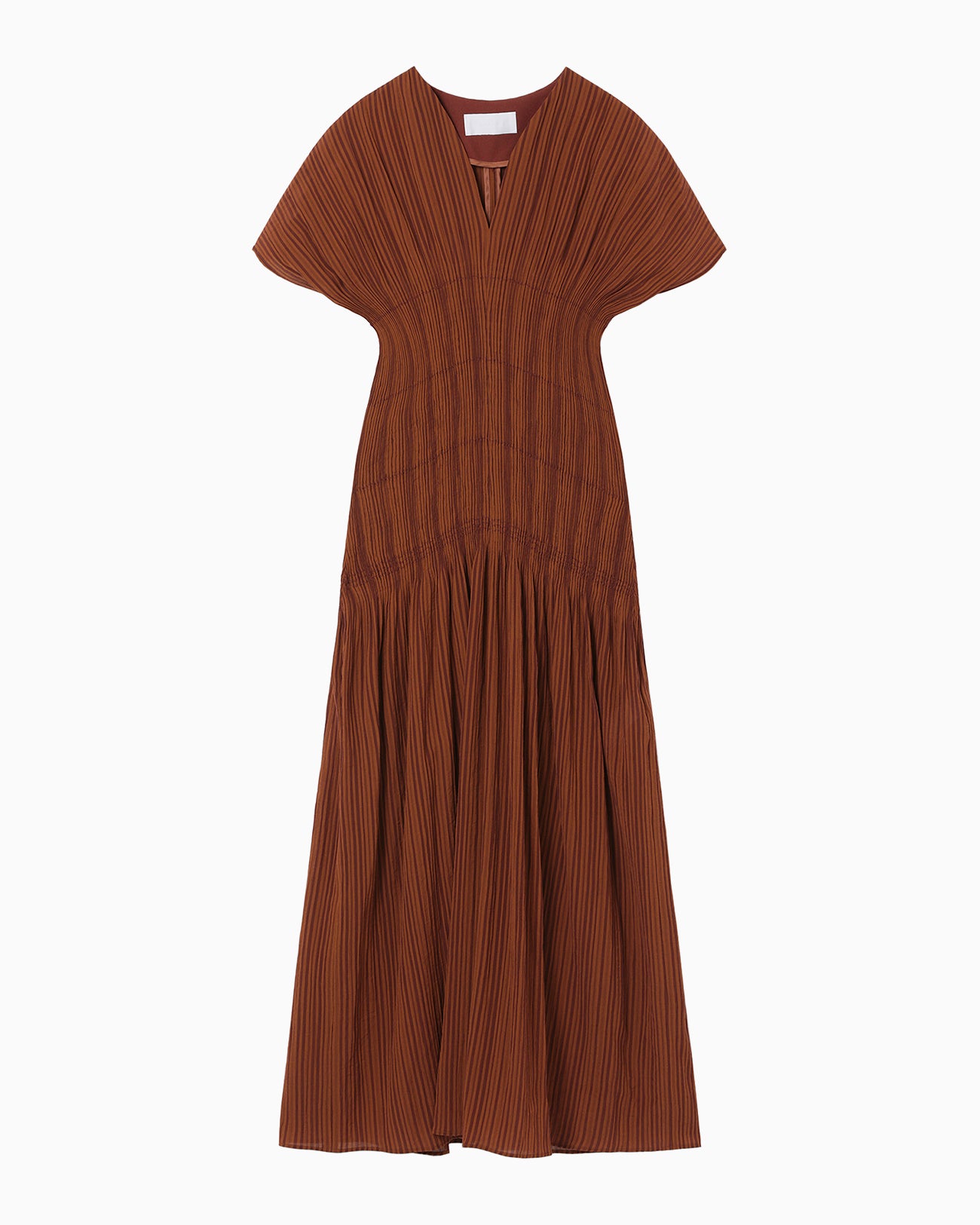 Stripe Shirring Jacquard Dress - brown