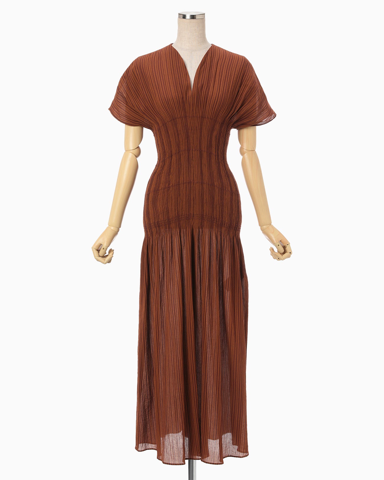 Stripe Shirring Jacquard Dress - brown