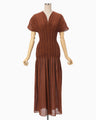 Stripe Shirring Jacquard Dress - brown