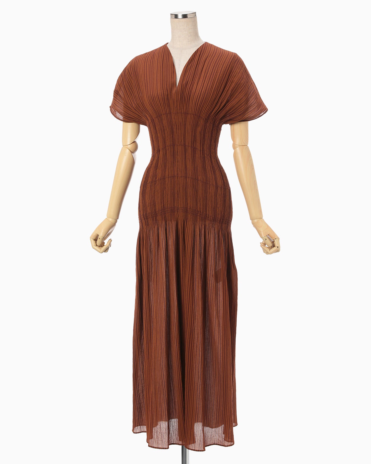 Stripe Shirring Jacquard Dress - brown