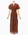 Stripe Shirring Jacquard Dress - brown