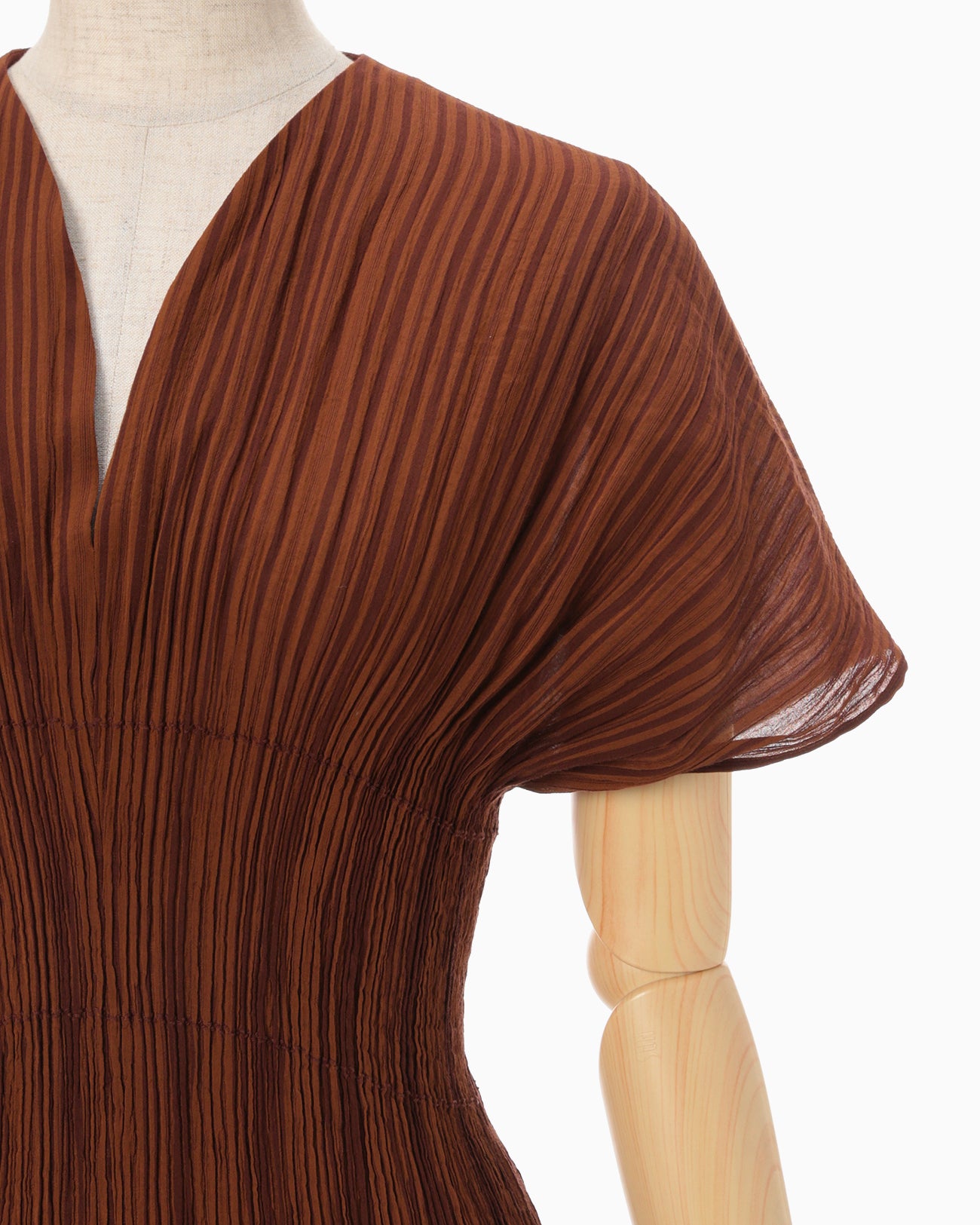 Stripe Shirring Jacquard Dress - brown