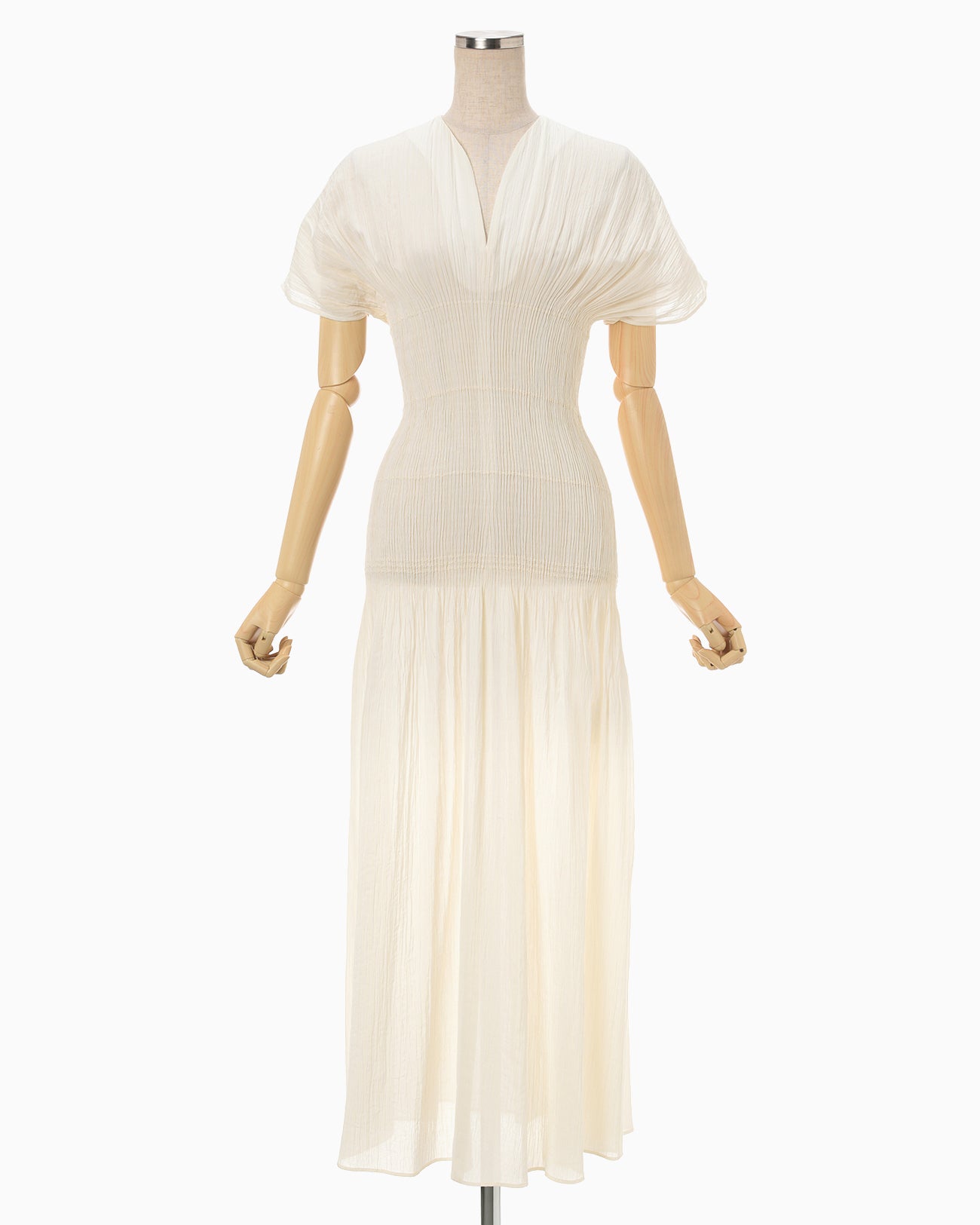 Stripe Shirring Jacquard Dress - ecru