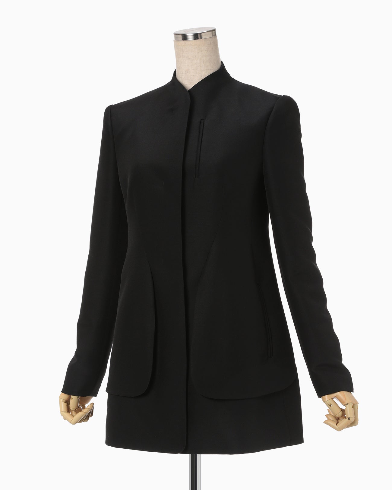 Silk Wool Double Cloth Stand Collar Jacket - black