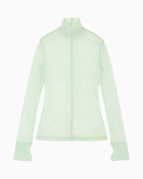 Marble Printed Plaid Sheer High Neck Top - mint green