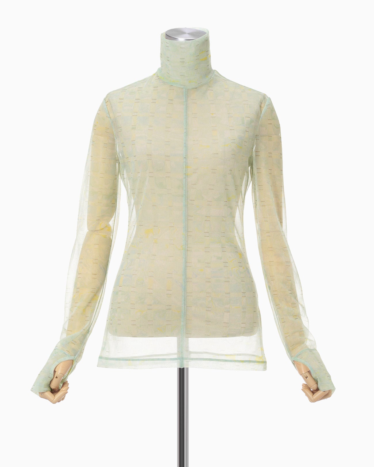Marble Printed Plaid Sheer High Neck Top - mint green
