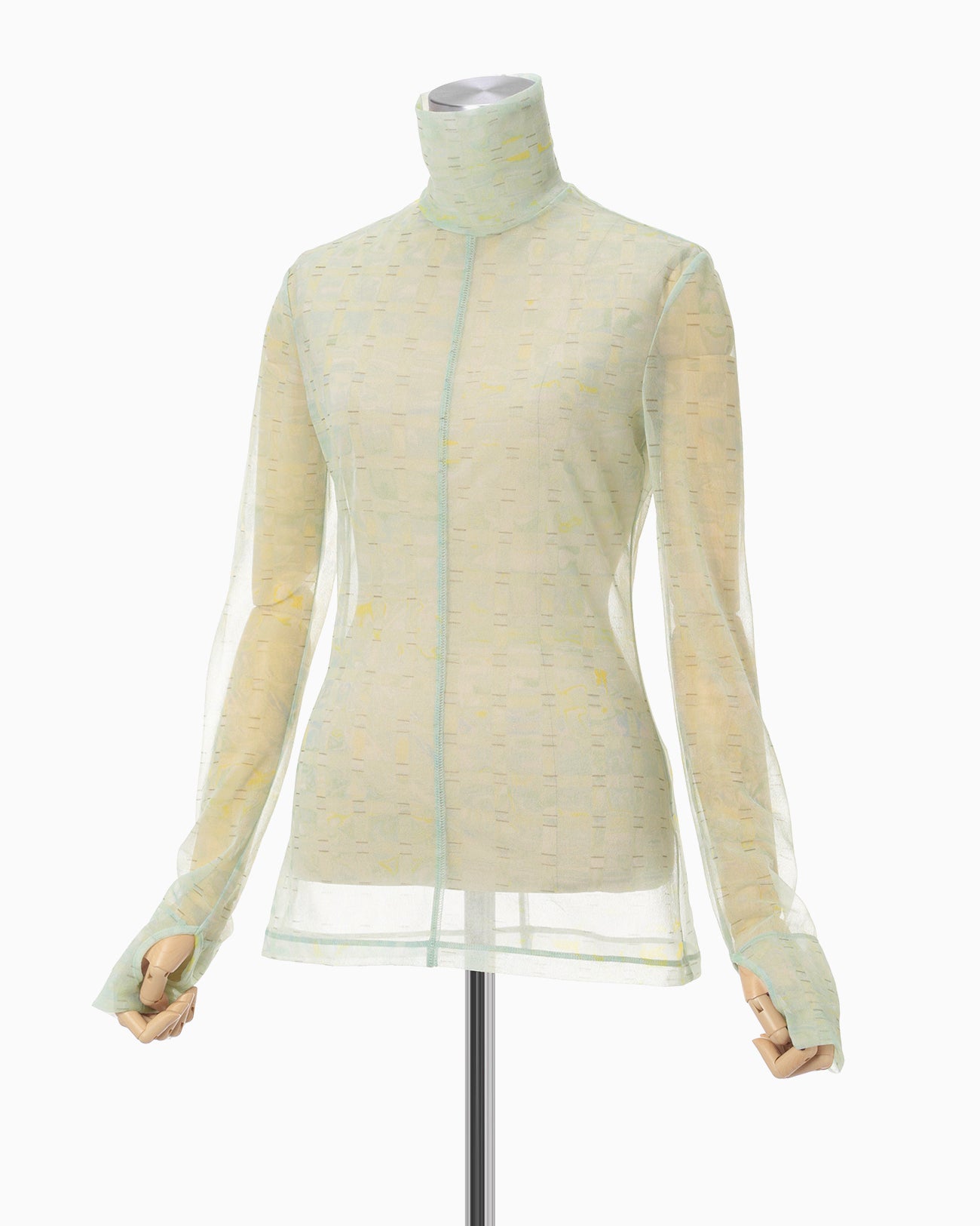 Marble Printed Plaid Sheer High Neck Top - mint green