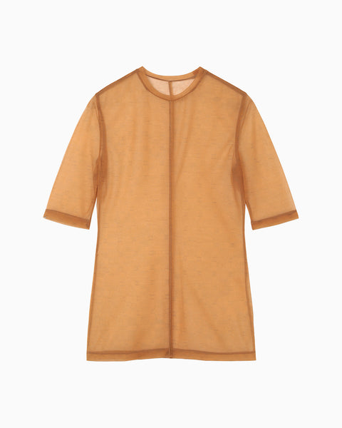 Marble Printed Plaid Sheer Crew Neck Top - brown