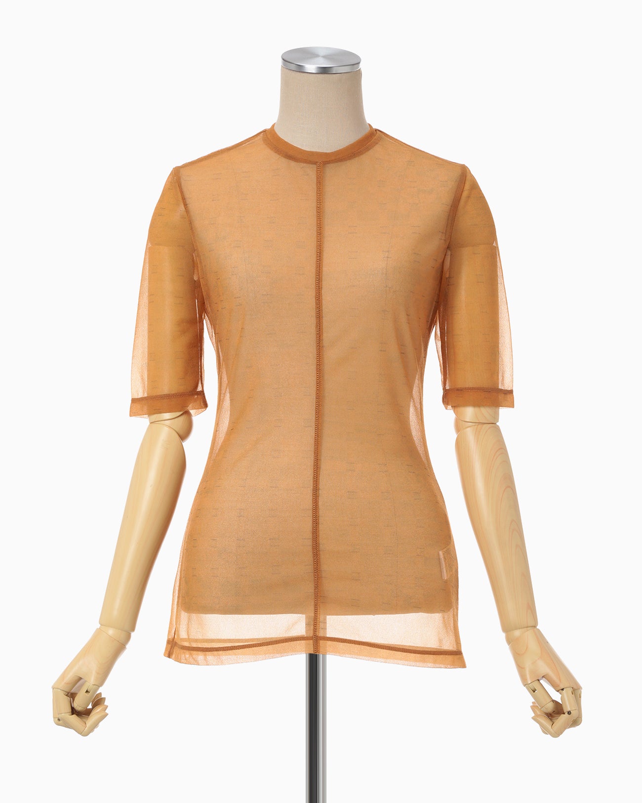 Marble Printed Plaid Sheer Crew Neck Top - brown