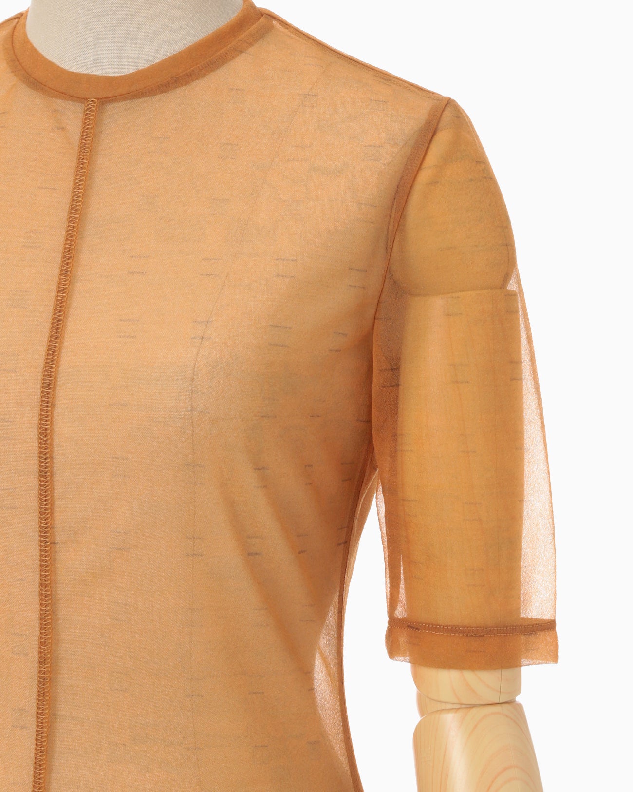 Marble Printed Plaid Sheer Crew Neck Top - brown