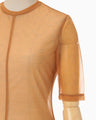 Marble Printed Plaid Sheer Crew Neck Top - brown