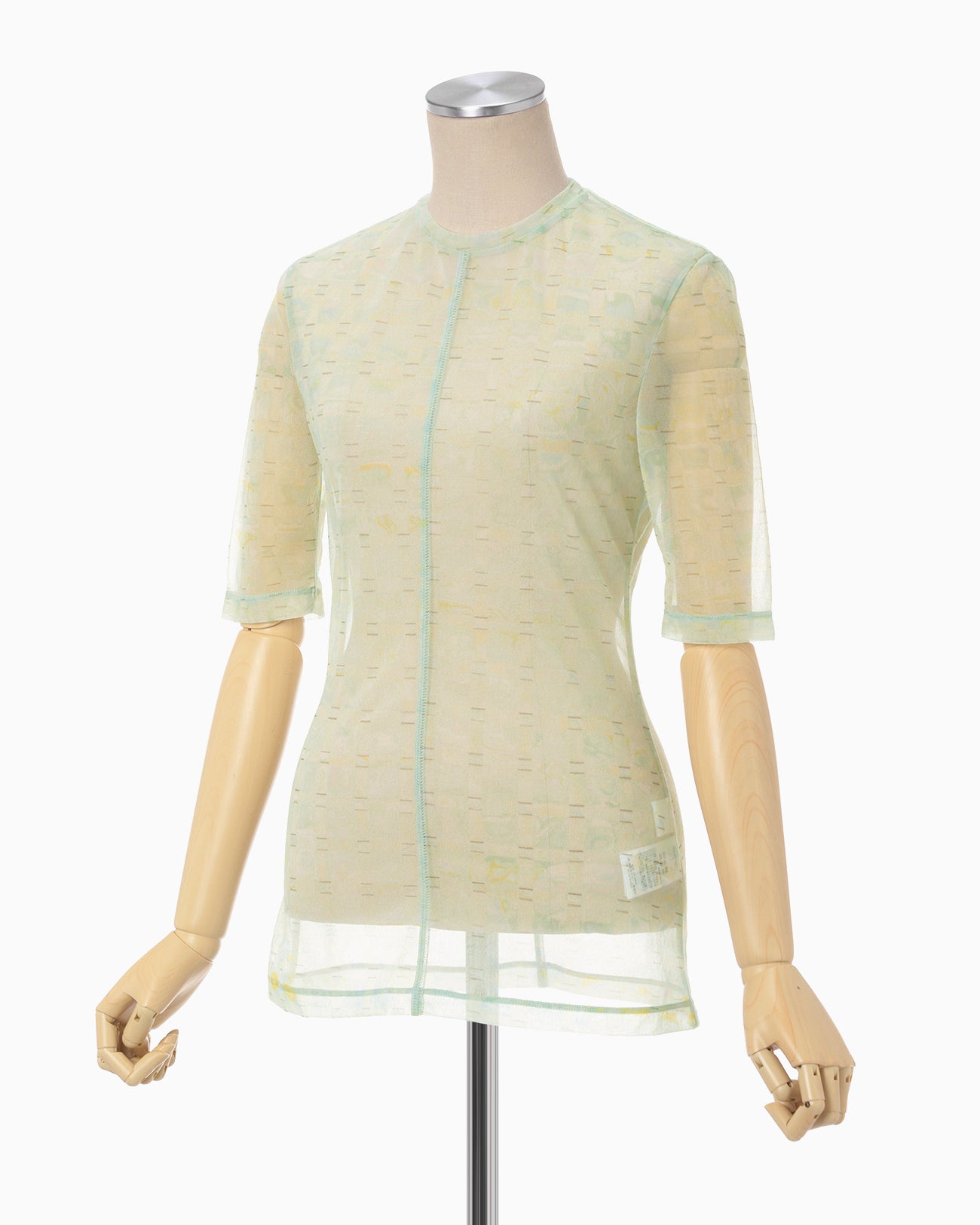 Marble Printed Plaid Sheer Crew Neck Top - mint green