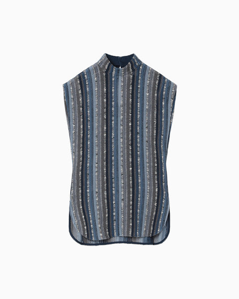 Raschel Stripe Jersey High Neck Top - navy