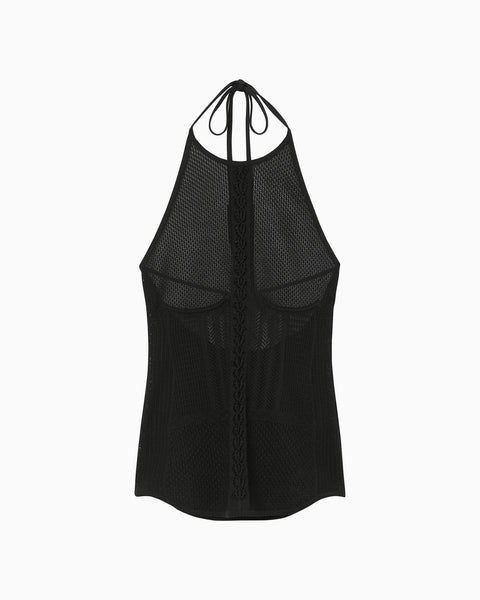 Openwork Lace-up Knitted Top - black