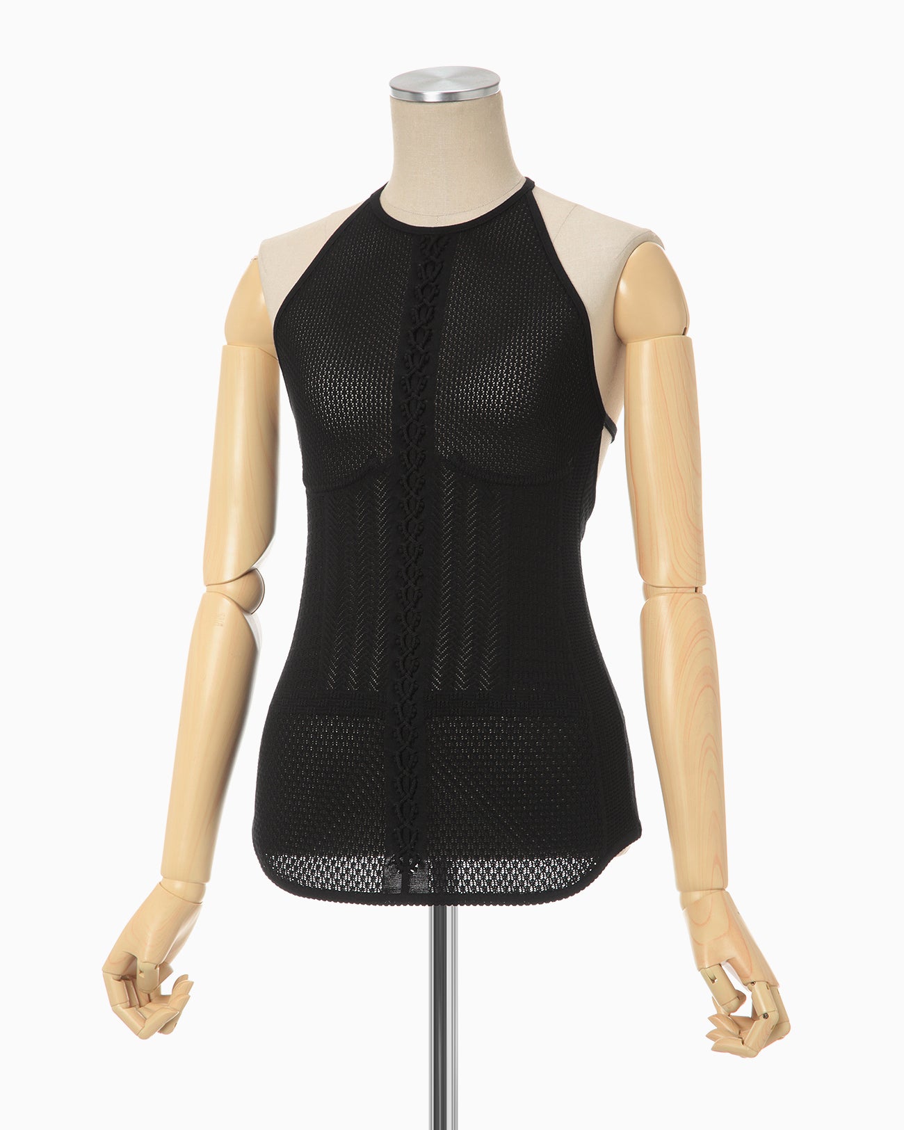 Openwork Lace-up Knitted Top - black
