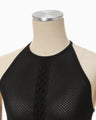 Openwork Lace-up Knitted Top - black