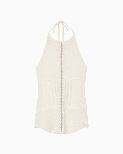 Openwork Lace-up Knitted Top - white