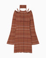 Random Ribbed Plaid Knitted Dress With Choker - brown
