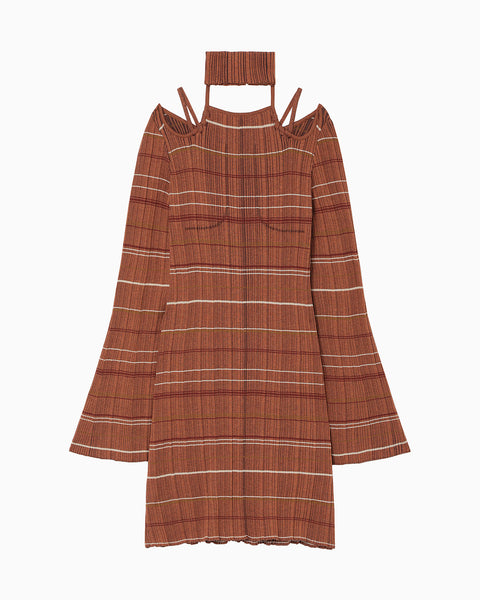 Random Ribbed Plaid Knitted Dress With Choker - brown